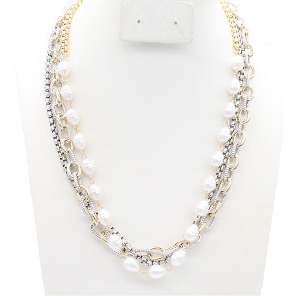 TWO TONE OVAL LINK PEARL BEAD LAYERED NECKLACE