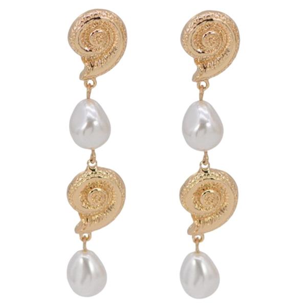 Metal Faux Pearl Shell Spiral Drop Earrings
