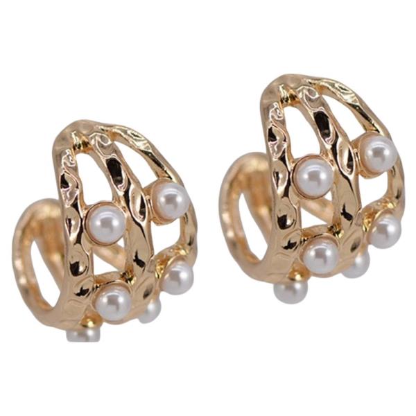 Metal Faux Pearl Embedded Wide Cuff Post Earring