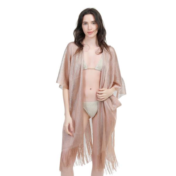 Metallic Sheer Kimono Cover Up With Fringe Hem