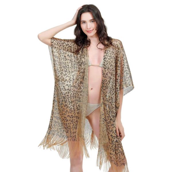 Leopard Sheer Kimono Cover Up With Fringe Hem