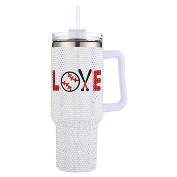 Baseball Love Rhinestone Handle Tumbler Cup Straw