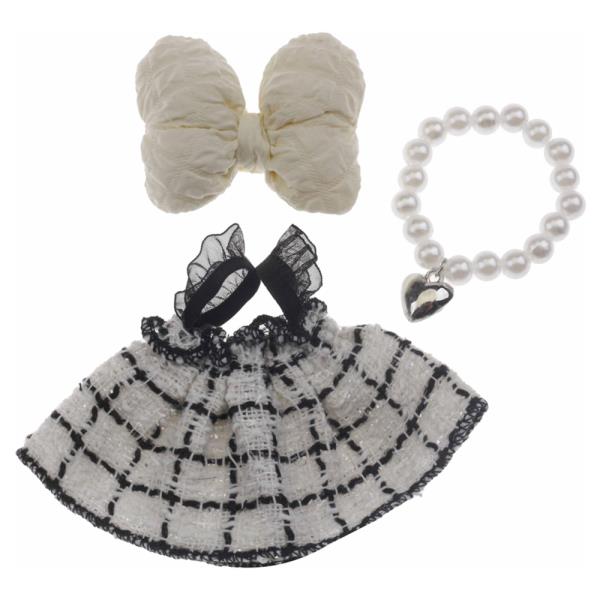 Doll Tweed Dress Bow Hair Clip Pearl Necklace Set