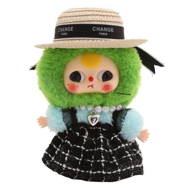 Doll Straw Hat Check Dress Pearl Necklace Set