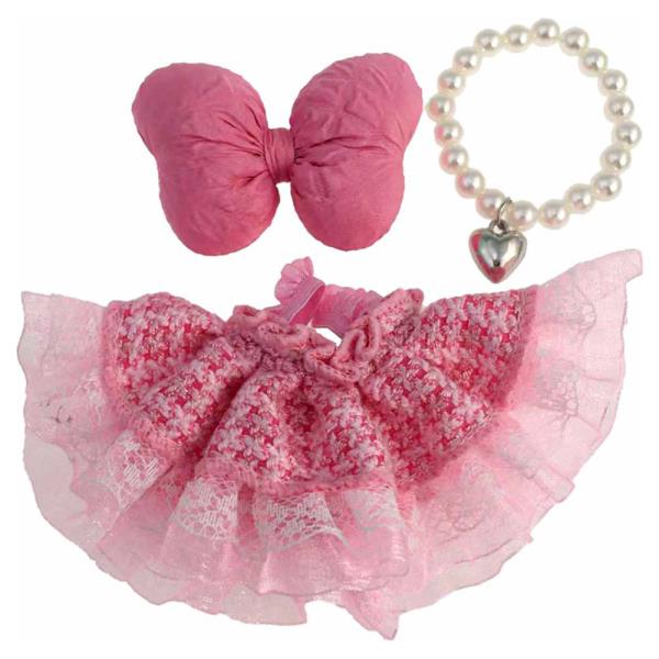 Doll Tweed Dress Bow Hair Clip Pearl Necklace Set