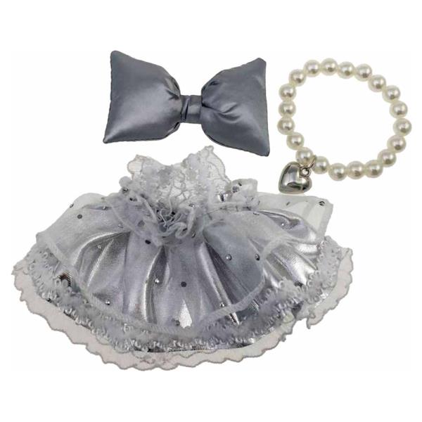Doll Gray Dress Bow Hair Clip Pearl Necklace Set