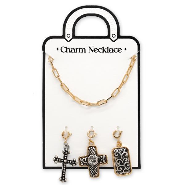SECRET BOX FILIGREE PATTERN CROSS CHARMS OVAL LINK NECKLACE
