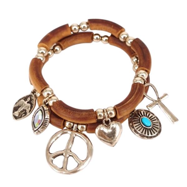 Peace Heart Charm Wood Bead Bracelet Set
