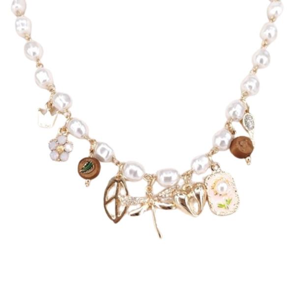 Dragonfly Multi Charm Pearl Bead Necklace