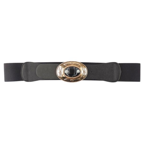 OVAL METAL ENGRAVED STONE BUCKLE WAIST ELASTIC BELT