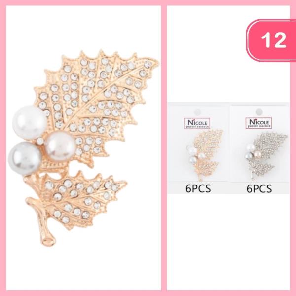 Rhinestone Pearl Leaf Brooch (12 Units)
