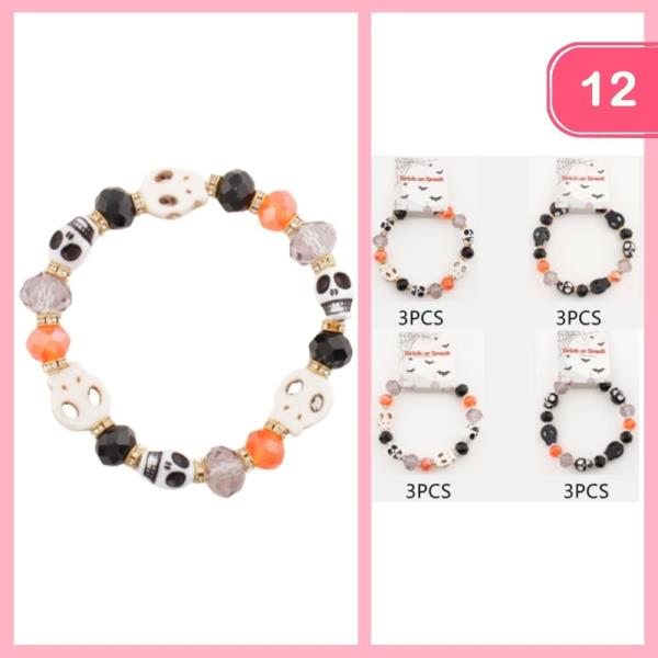 HALLOWEEN BEADED SKULL RHINESTONE BRACELET (12 UNITS)