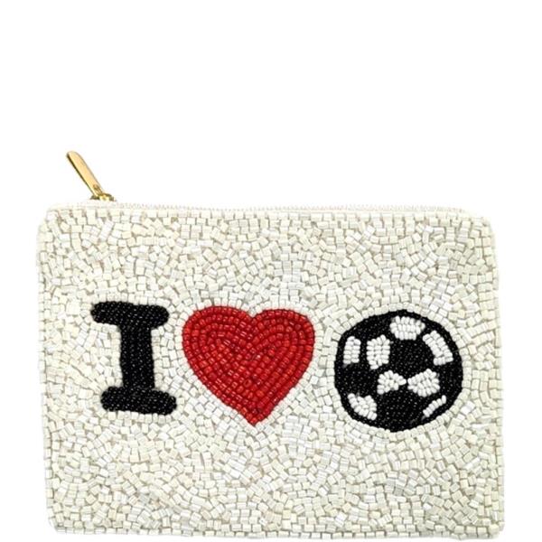 Beaded I Love Soccer Zipper Coin Purse Bag Pouch