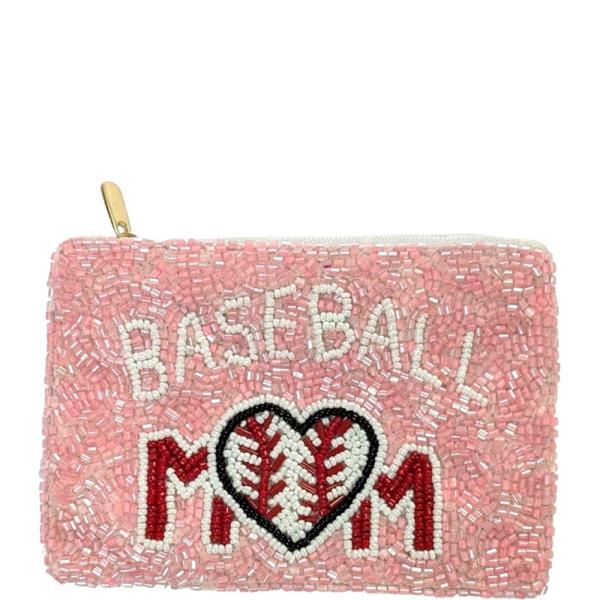 Beaded Baseball Mom Zipper Coin Purse Bag Pouch