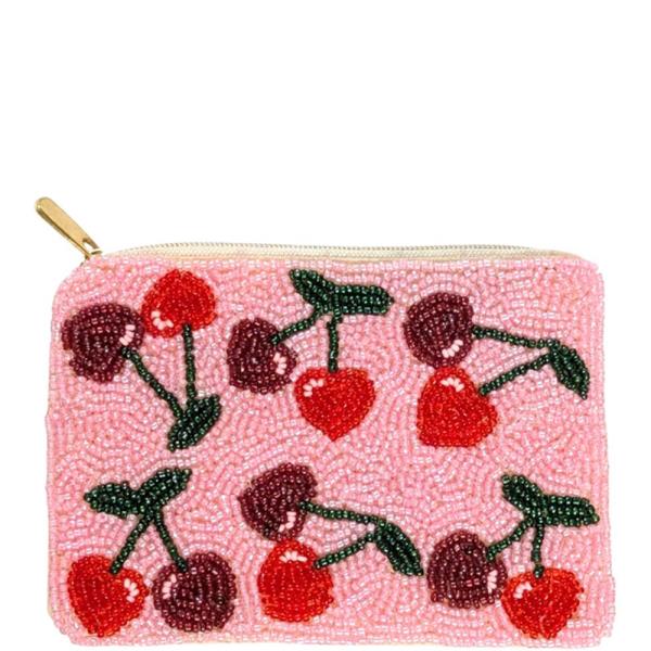 Beaded Cherry Fruit Embroidery Zipper Coin Purse