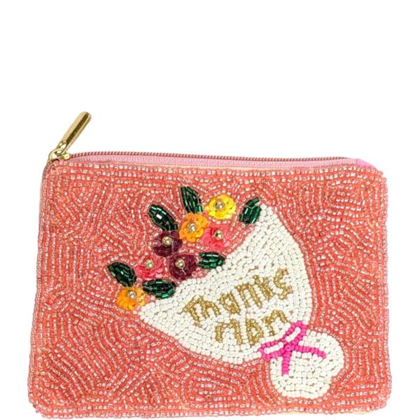 Beaded Thanks Mom Flower Bouquet Coin Purse Pouch