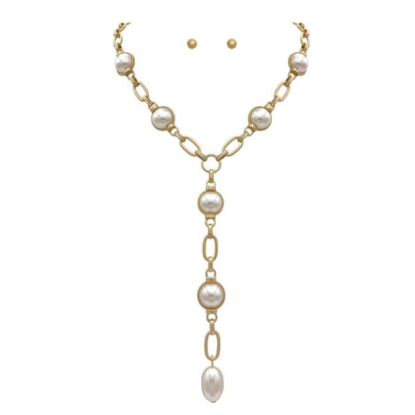 Pearl Oval Link Water Resistant Y Necklace Set