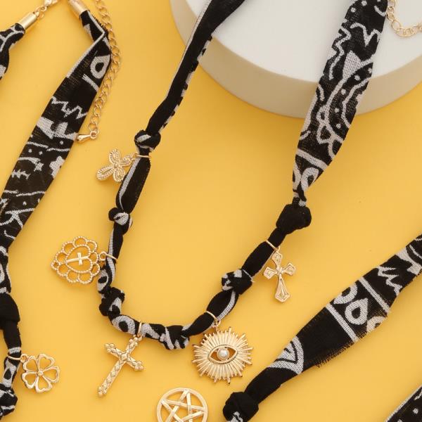 Fabric Cross Multi Charm Necklace