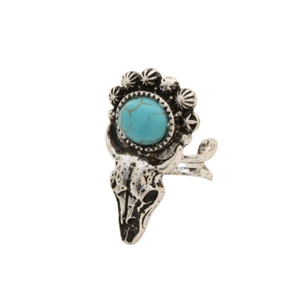 Western Turquoise Cattle Skull Adjustable Ring