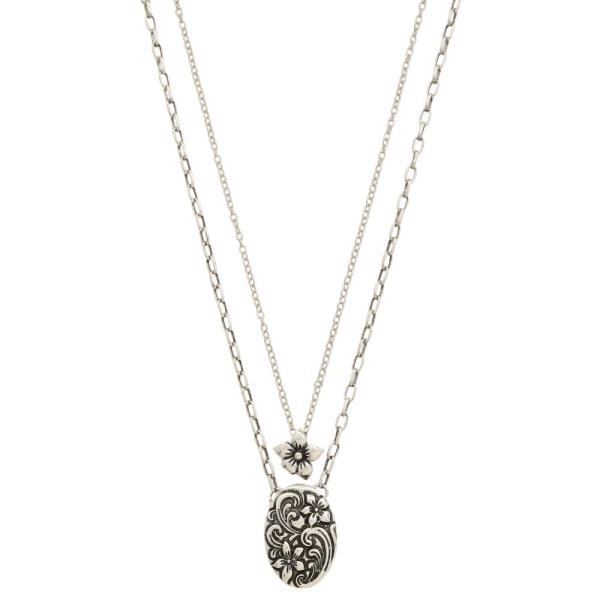 WESTERN STYLE FILIGREE PATTERN OVAL PENDANT FLOWER LAYERED NECKLACE