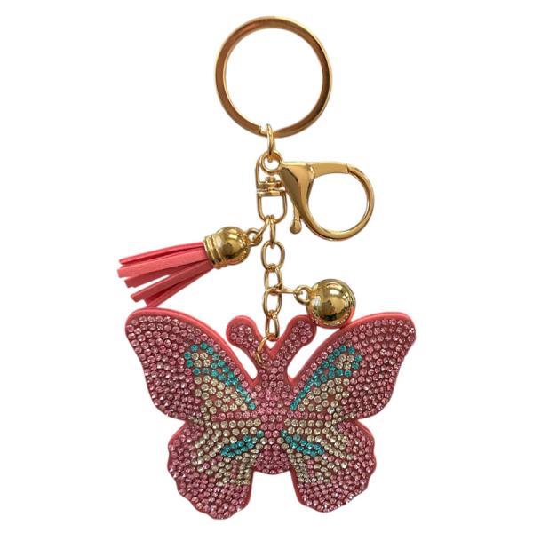 RHINESTONE BUTTERFLY ORNAMENT BALL KEYCHAIN WITH TASSEL