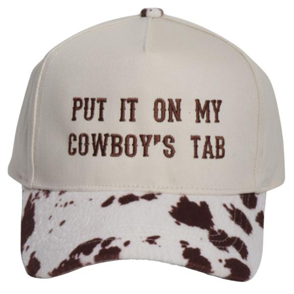 WESTERN PUT IT ON MY COWBOY`S TAB EMBROIDERED COW PRINT BRIM BASEBALL CAP