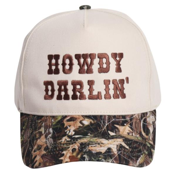 HOWDY DARLIN` EMBROIDERED CAMOUFLAGE BRIM BASEBALL CAP