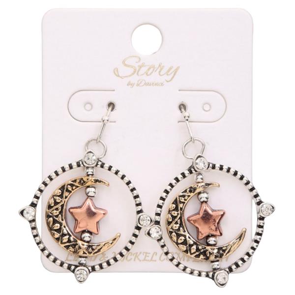 TWO TONE METAL CRESCENT MOON STAR CIRCLE DANGLE EARRING