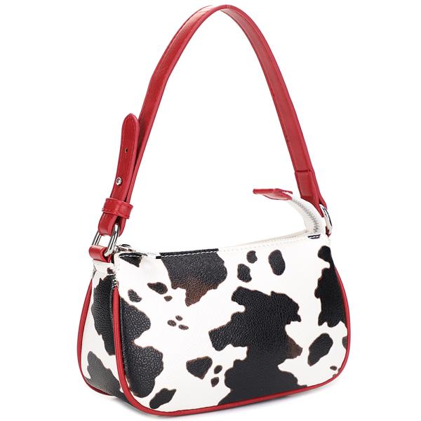 COW PRINTED TEXTURE ZIPPER SHOULDER BAG