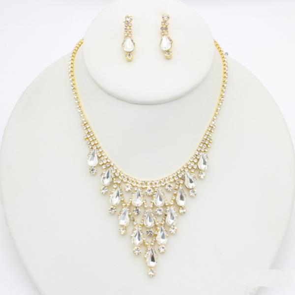 Rhinestone Triangle Teardrop Necklace Earring Set