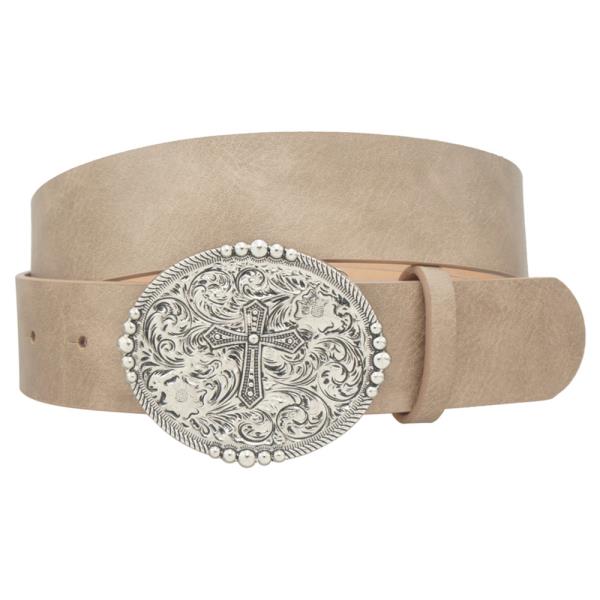 WESTERN CROSS ETCHED OVAL BUCKLE WASHED STRAP BELT