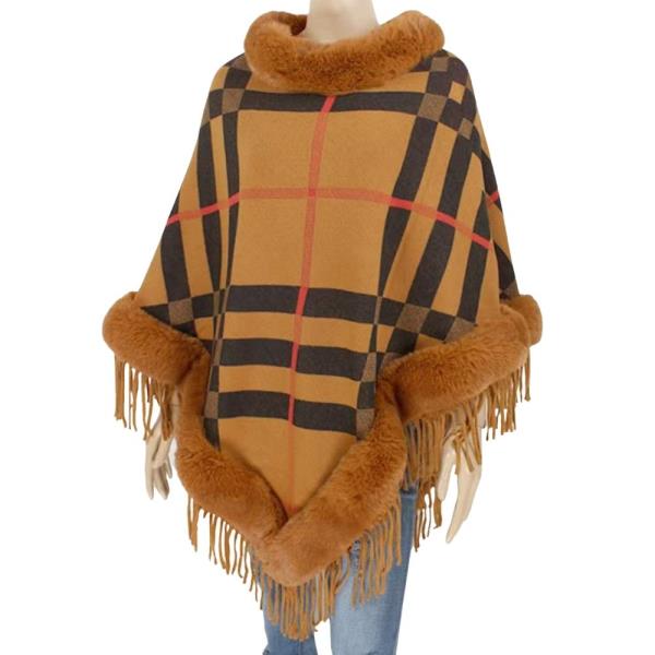 Plaid Poncho with Faux Fur Trim And Fringe