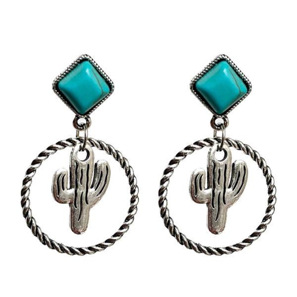 Metal Turquoise Stone Cactus Hoop Dangle Earrings