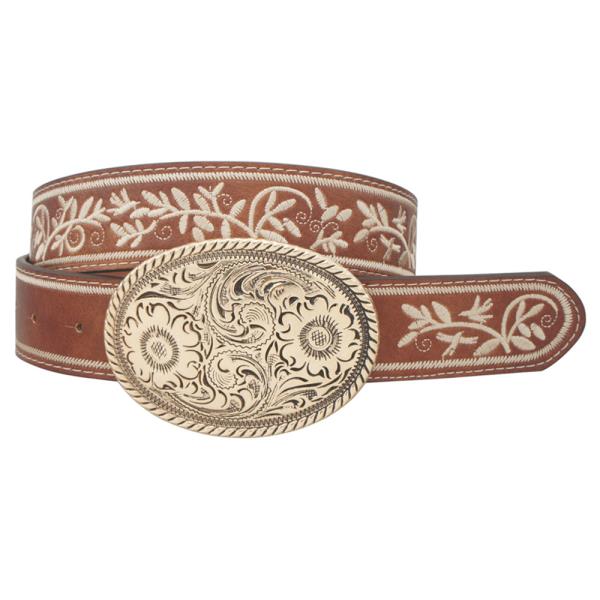 VINE EMBORIDERED FLOWER EMBOSSED OVAL BUCKLE BELT
