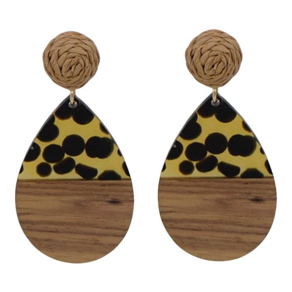 Metal Raffia Top Wood Teardrop Dangle Earrings