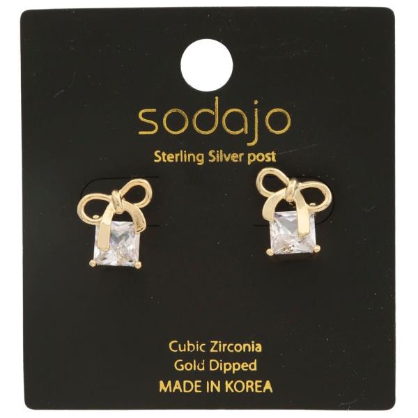 SODAJO Ribbon Bow Cube CZ Gold Dipped Earring