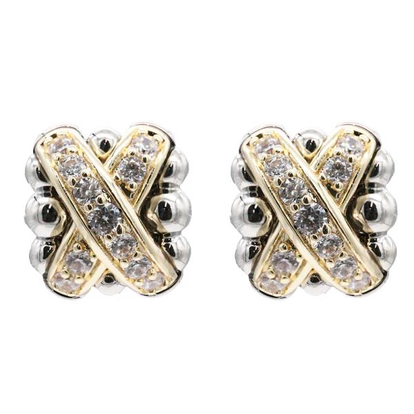 14K Gold Plated Criss Cross CZ Two Tone Earring