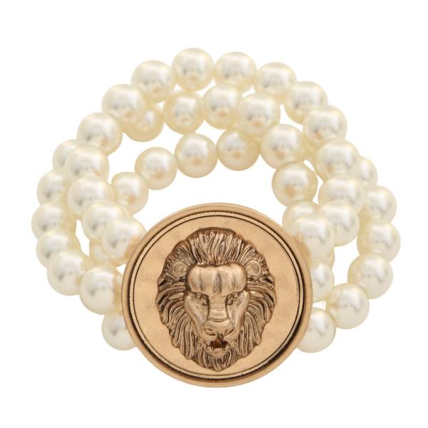 Lion Coin Pearl Bead Layered Bracelet
