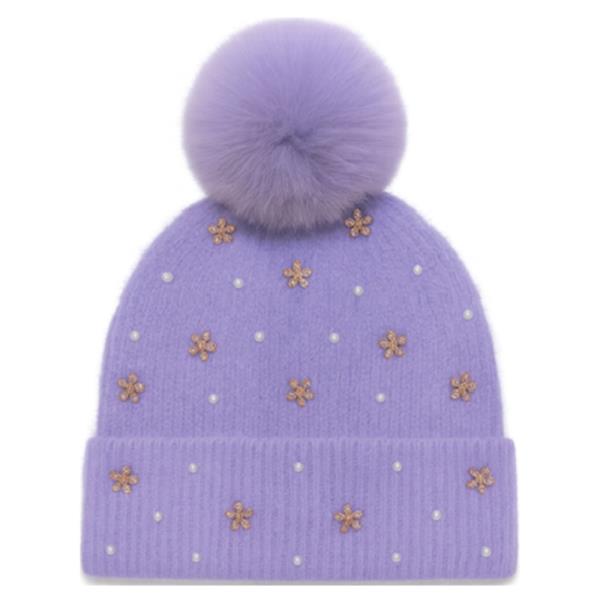 PEARL RHINESTONE FLOWER WITH POMPOM BEANIE