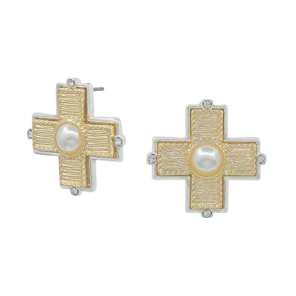 Metal Cross Mother of Pearl Accent Post Earrings