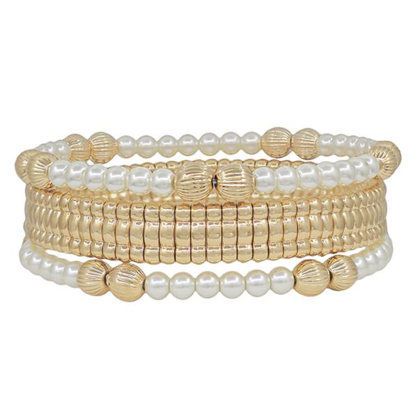 Flat Metal Textured CCB And Pearl Bracelet 3 Set