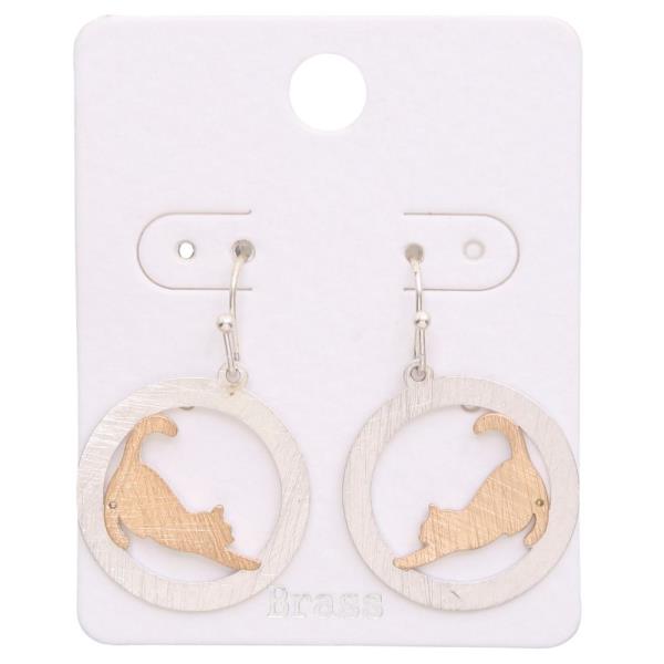 Two Tone Round Brush Metal Cat Dangle Earring