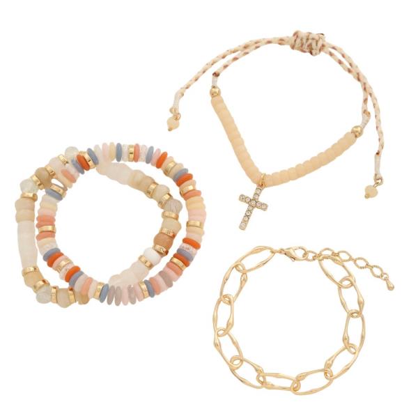 Cross Charm Beaded Bracelet Set