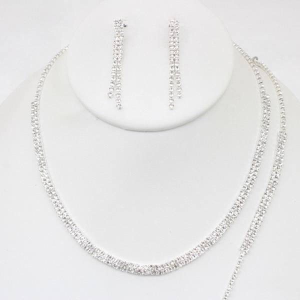 Rhinestone Double Row Necklace Earring Set