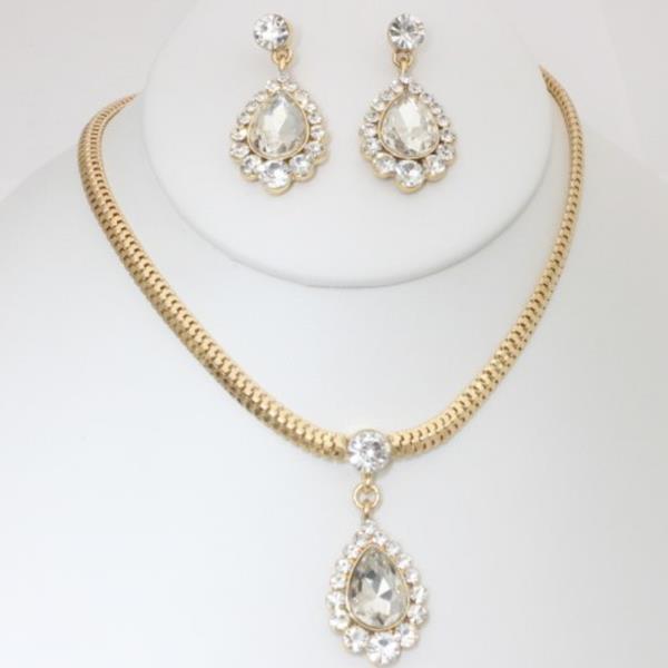 Rhinestone Teardrop Pendant Necklace Earring Set