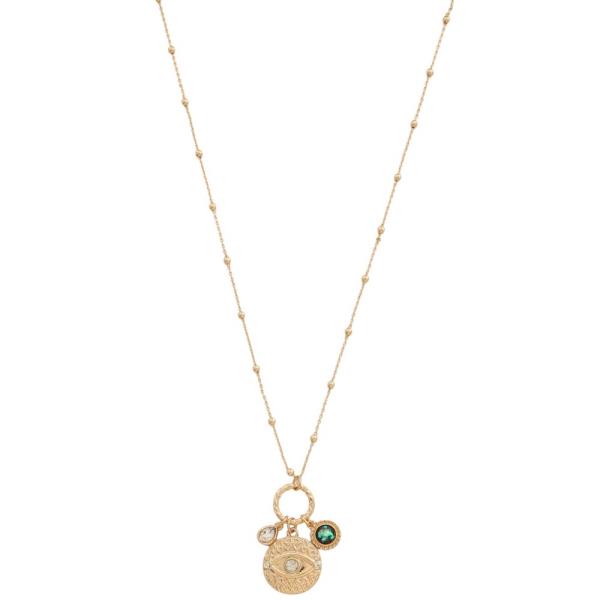 Eye Coin Crystal Charm Ball Bead Metal Necklace