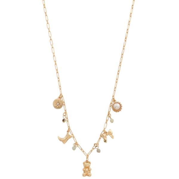 Teddy Bear Multi Charm Station Oval Link Necklace