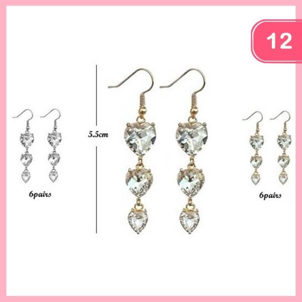 Fishhook Rhinestone Heart Earrings (12 Units)