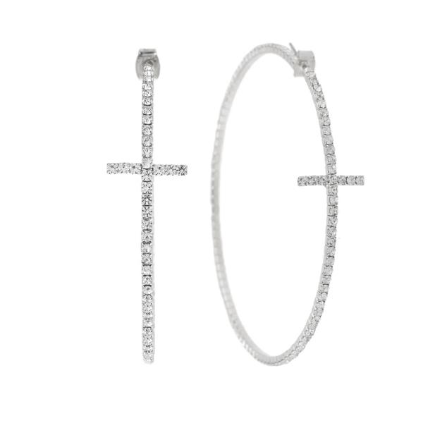 RHINESTONE CROSS MEMORY HOOP EARRING
