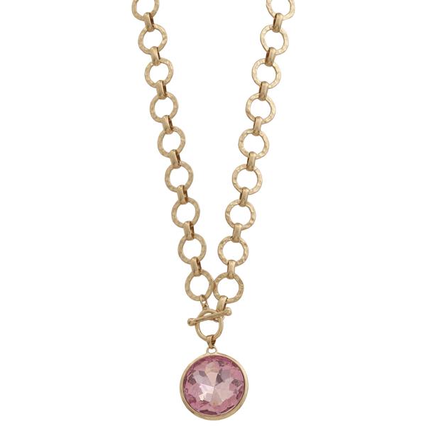 ROUND CRYSTAL PENDANT CIRCLE LINK NECKLACE